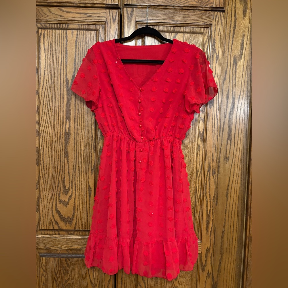 Red Puff Sleeve V-Neck Midi Sundress